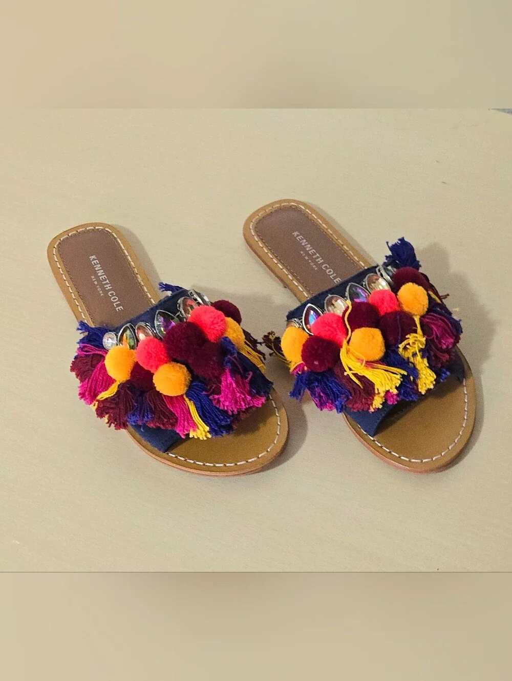 Kenneth Cole New York Osmond Slide Sandals - Fringe Pom Pom - Boho-Chic - Size 7